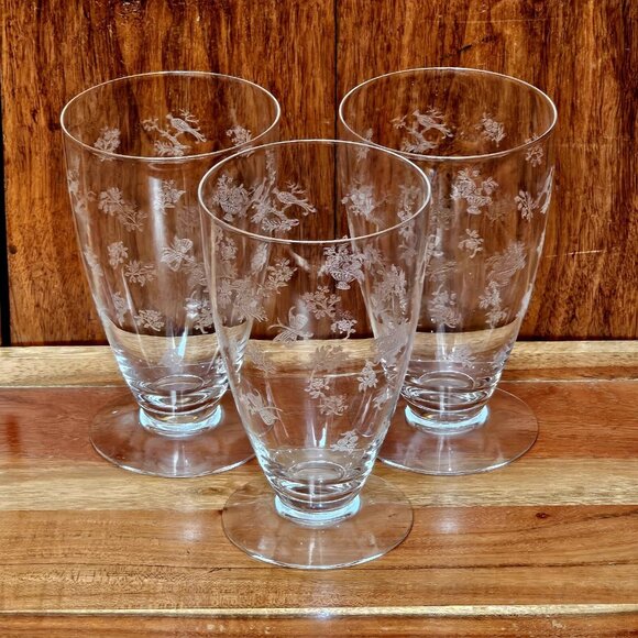 Heisey Chintz Etched Ice Tea Glasses 5.5” vintage bird butterfly floral 3piece - Picture 2 of 7